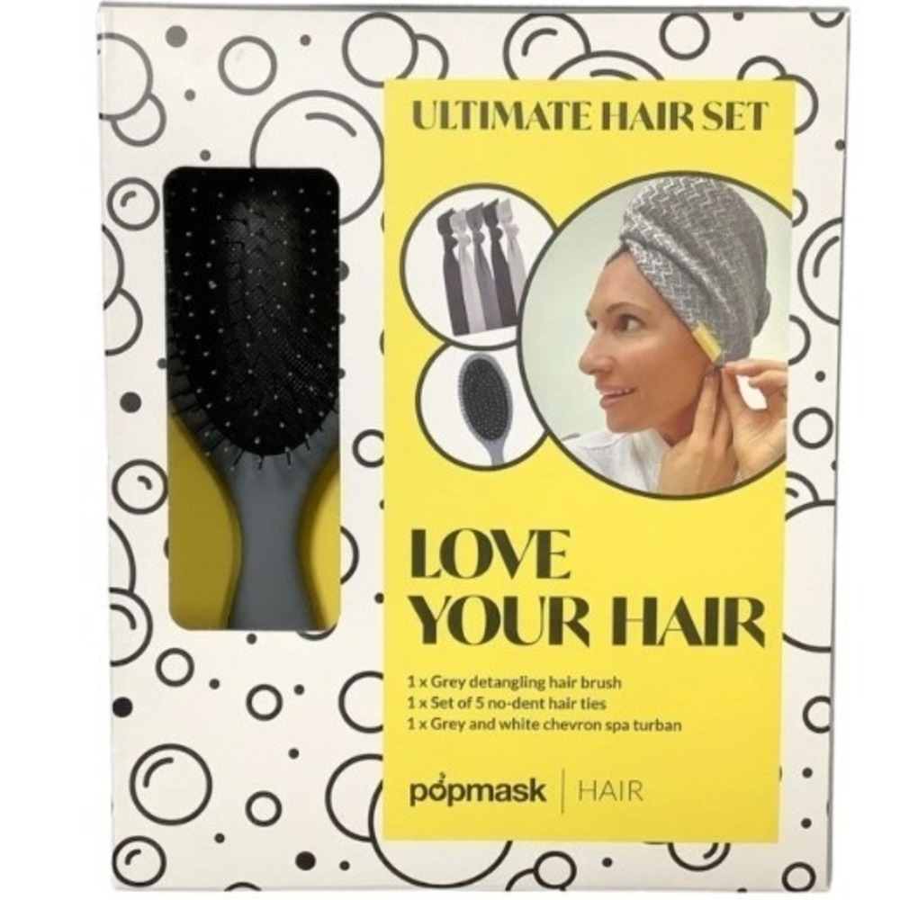 Popmask Ultimate Hair Set Detangling Brush Spa Turban No-Dent Hair Ties Grey